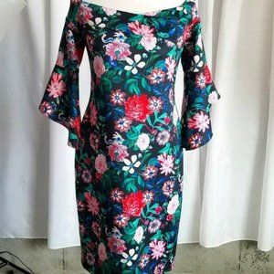 Bebe Scuba Floral Print Dress On or Off Shoulder Dramatic Bell Sleeve Size 12 NW